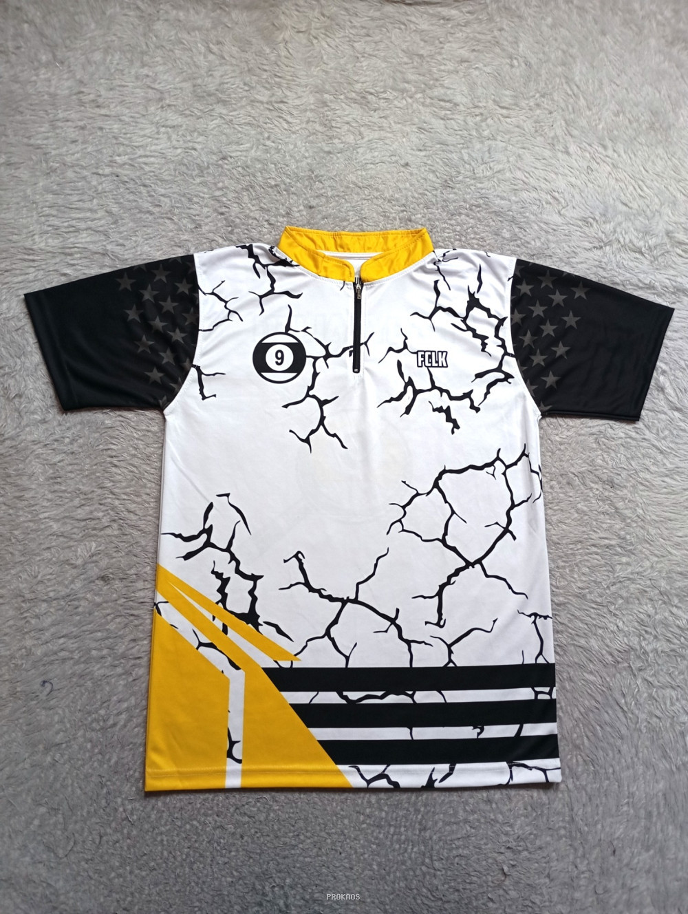 Jersey Billiard Putih dengan Motif Retakan, Nomor 9 & FCLK - Jersey Custom PROKAOS