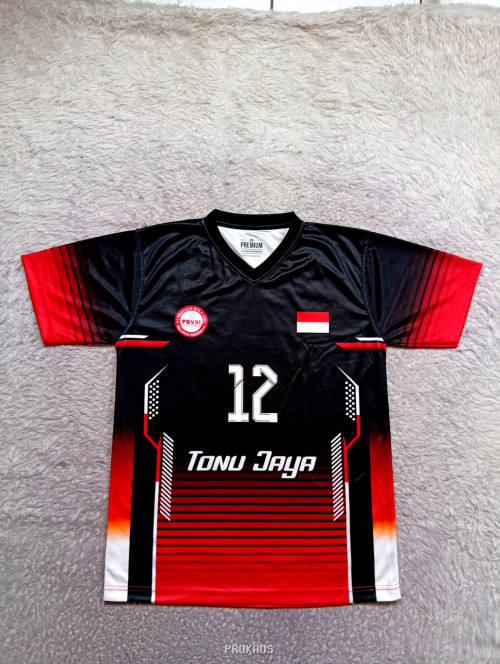 Jersey Bola Voli Hitam Merah 'Tonu Jaya' No. 12 - Jersey Custom PROKAOS