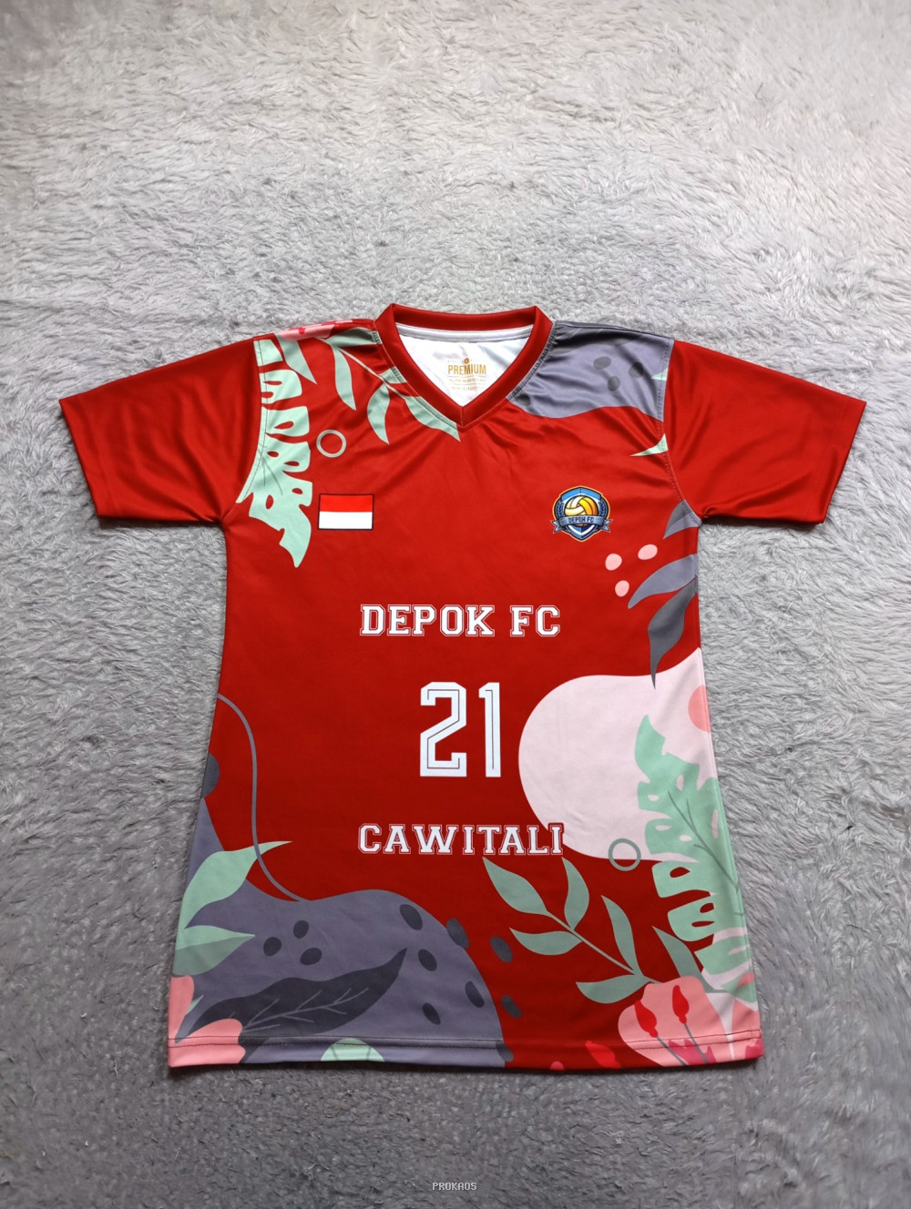Jersey Depok FC Merah: Desain Floral & Nomor 21 - Jersey Custom PROKAOS