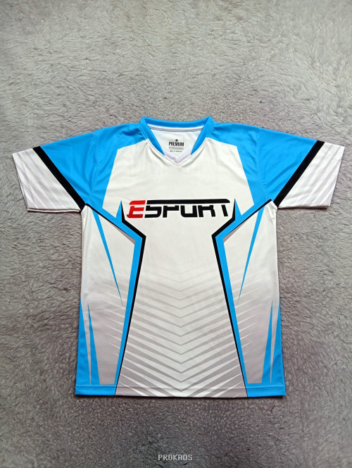 Jersey Esports Putih dengan Detail Biru dan Logo 'ESPORT' - Jersey Custom PROKAOS