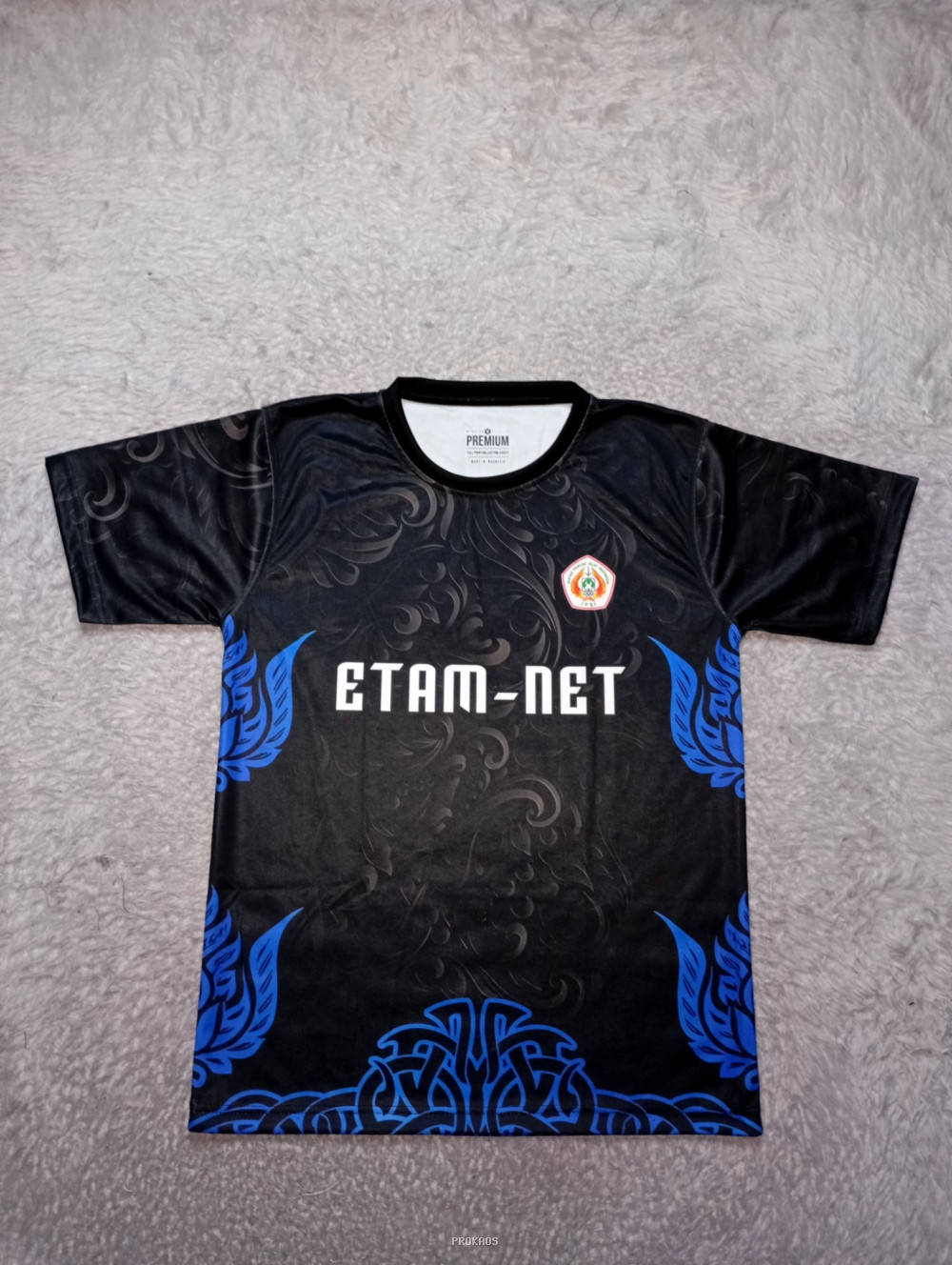 Jersey ETAM-NET: Hitam Elegan dengan Motif & Aksen Biru - Jersey Custom PROKAOS