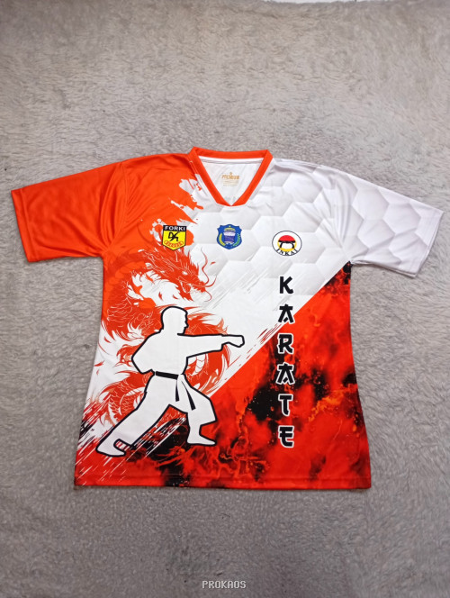 Jersey Karate: Kombinasi Oranye, Putih, dan Desain Naga - Jersey Custom PROKAOS