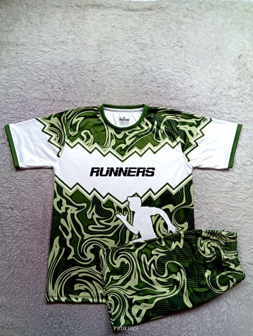 Jersey Lari Desain Unik: Hijau, Putih, dan Motif Abstrak - Jersey Custom PROKAOS