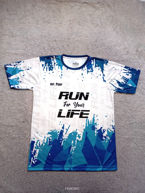 Jersey Lari Putih dengan Desain Abstrak dan Tulisan 'Run for Your Life' - Jersey Custom PROKAOS