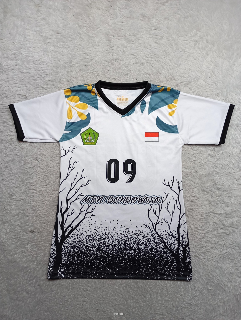 Jersey Putih Desain Alam dengan Nomor 09 dan Logo - Jersey Custom PROKAOS