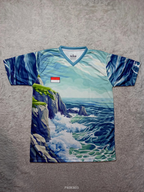 Jersey V-neck: Pemandangan Laut dengan Bendera Merah Putih - Jersey Custom PROKAOS
