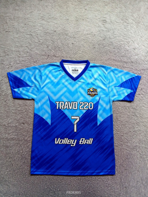 Jersey Voli Biru-Putih Travo 220 dengan Nomor 7 - Jersey Custom PROKAOS