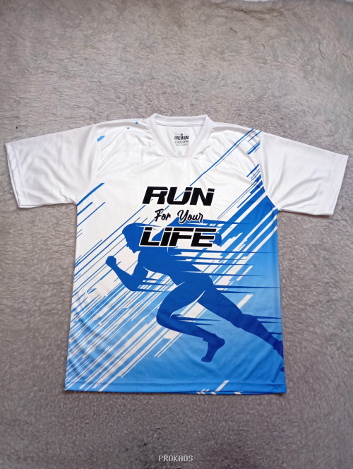 Jersey Lari Putih Biru dengan Desain 'Run for Your Life' - Jersey Custom PROKAOS