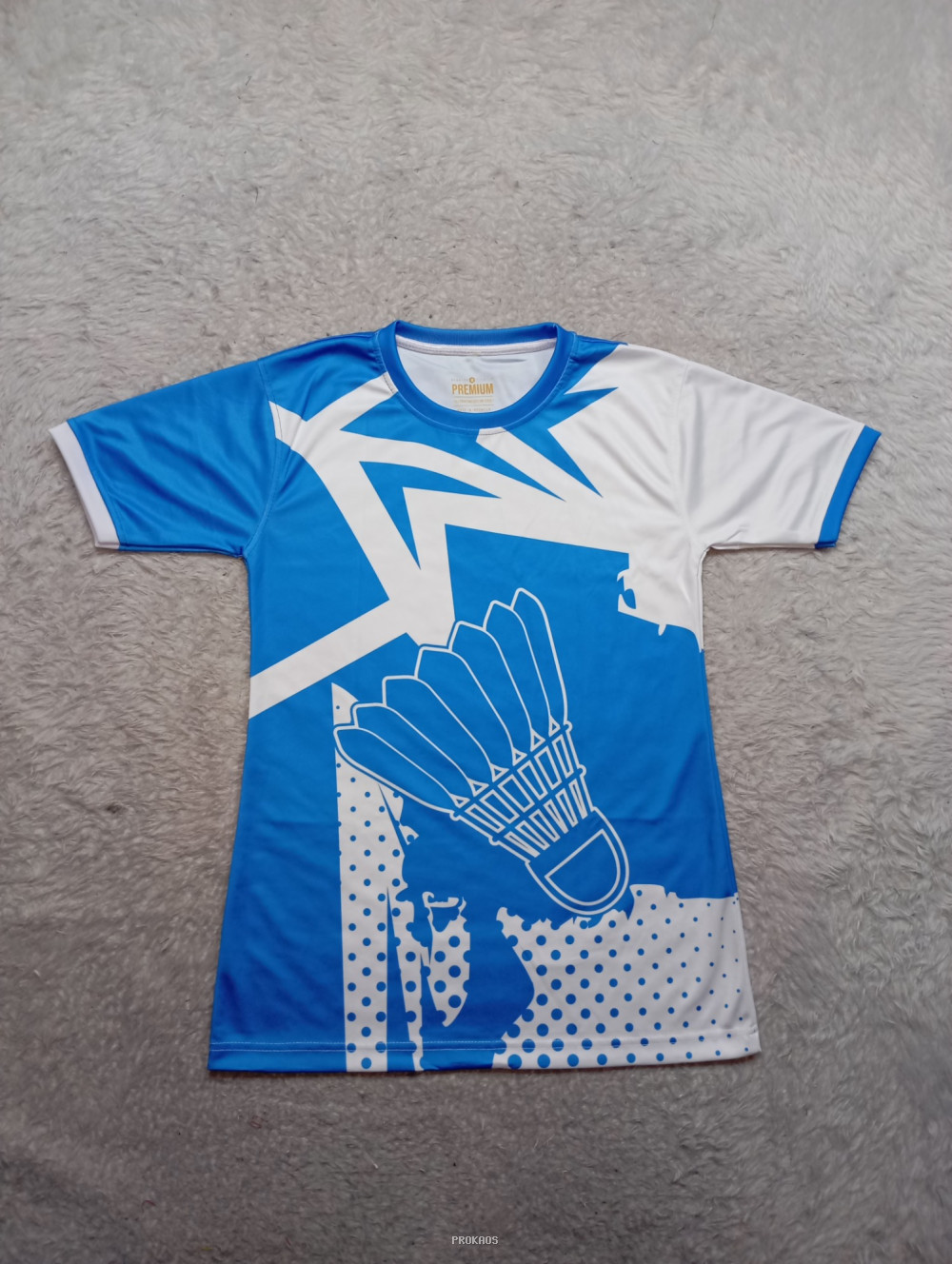 Jersey Badminton Biru Putih dengan Desain Shuttlecock - Jersey Custom PROKAOS