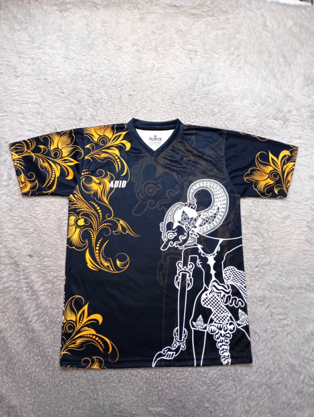 Jersey Hitam dengan Desain Wayang dan Motif Bunga Emas - Jersey Custom PROKAOS
