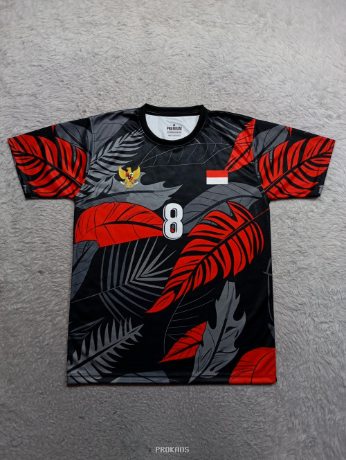 Jersey Bola Motif Daun Merah-Abu-Abu, Logo Garuda Indonesia - Jersey Custom PROKAOS