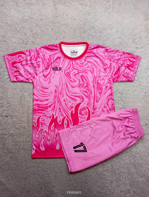 Jersey Bola Pink Motif Marmer & Api dengan Celana Pendek - Jersey Custom PROKAOS