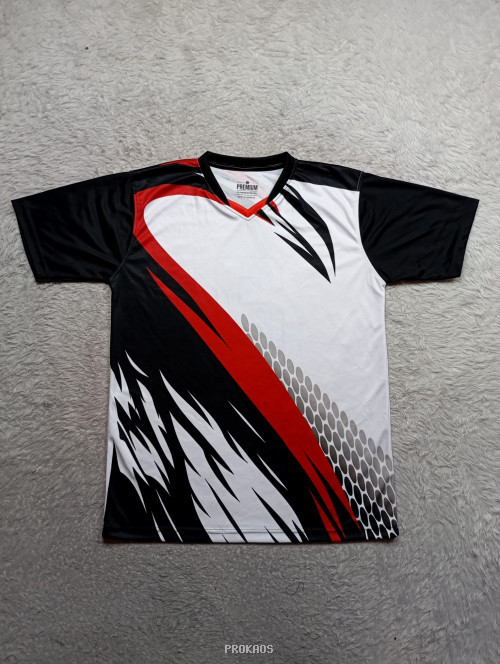 Jersey Olahraga: Hitam, Putih, Merah dengan Motif Dinamis - Jersey Custom PROKAOS