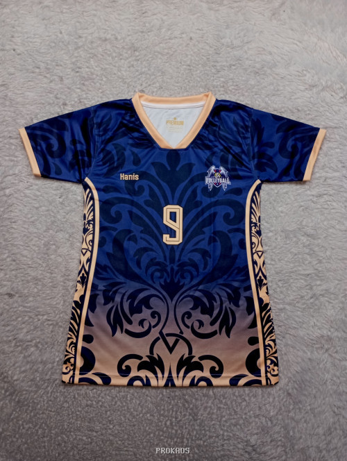 Jersey Voli Biru Navy dengan Motif Floral dan Nomor 9 - Jersey Custom PROKAOS