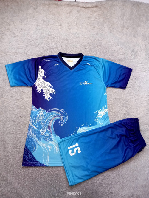 Jersey Biru Gradasi Gelombang Laut: Alena #15 - Jersey Custom PROKAOS