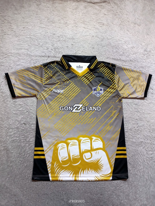 Jersey GonZzland: Abu-abu, Kuning, Hitam dengan Desain Kepalan Tangan - Jersey Custom PROKAOS
