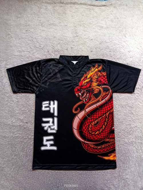 Jersey Taekwondo Hitam dengan Naga Merah Menyala - Jersey Custom PROKAOS