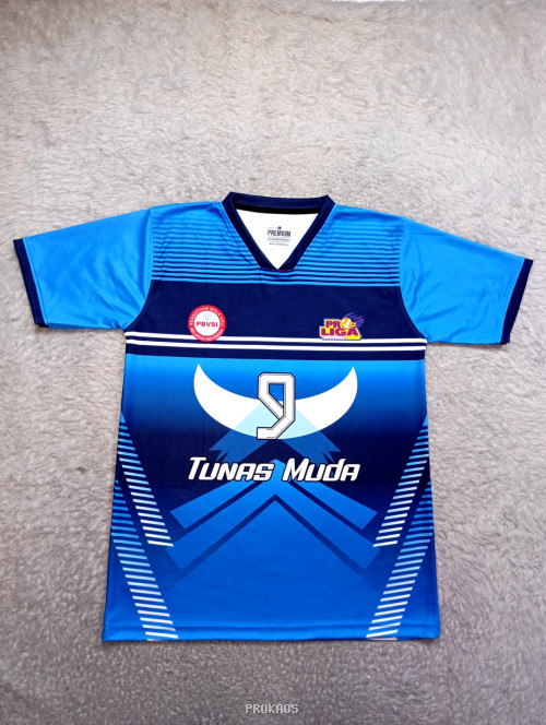 Jersey Tunas Muda: Biru-Putih dengan Logo Klub dan Nomor 9 - Jersey Custom PROKAOS
