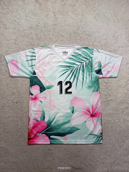 Jersey Floral Tropis: Putih, Bunga, dan Angka 12 - Jersey Custom PROKAOS