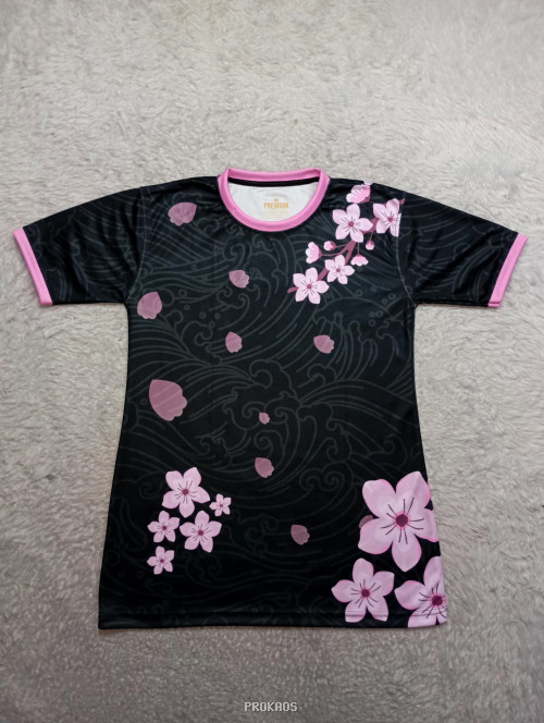 Jersey Hitam Motif Bunga Sakura dengan Detail Pink - Jersey Custom PROKAOS