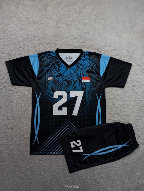 Jersey Olahraga Hitam Biru: Motif Abstrak & Nomor 27 - Jersey Custom PROKAOS
