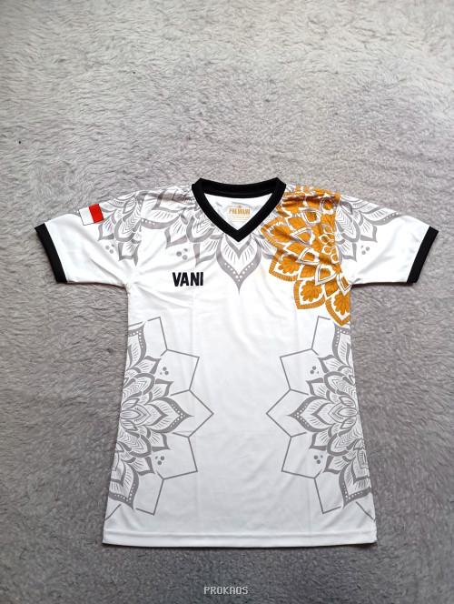 Jersey Vani Putih: Mandala, Warna Emas, dan Detail Hitam - Jersey Custom PROKAOS